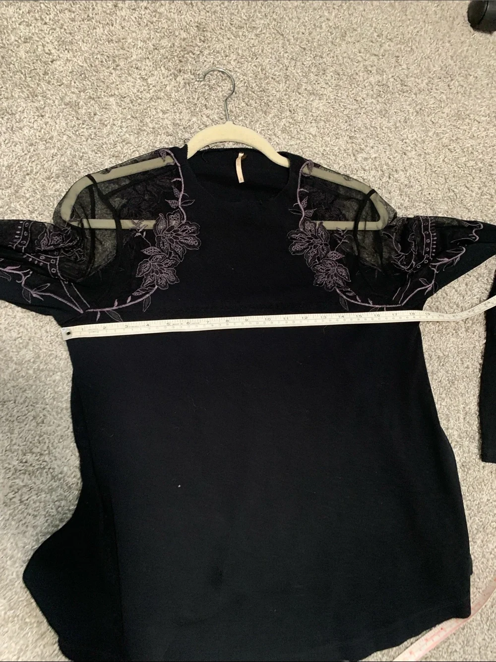 Free People Black Boho Long-Sleeve Top with Floral Embroidered Mesh Yoke